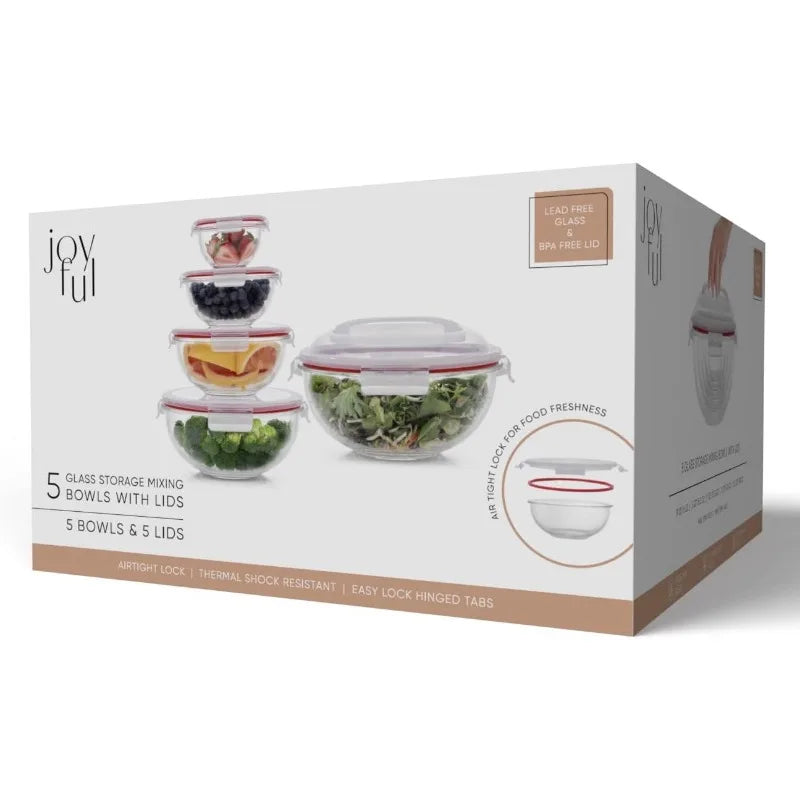 Ensemble de 5 bols en verre de cuisine avec couvercles hermétiques